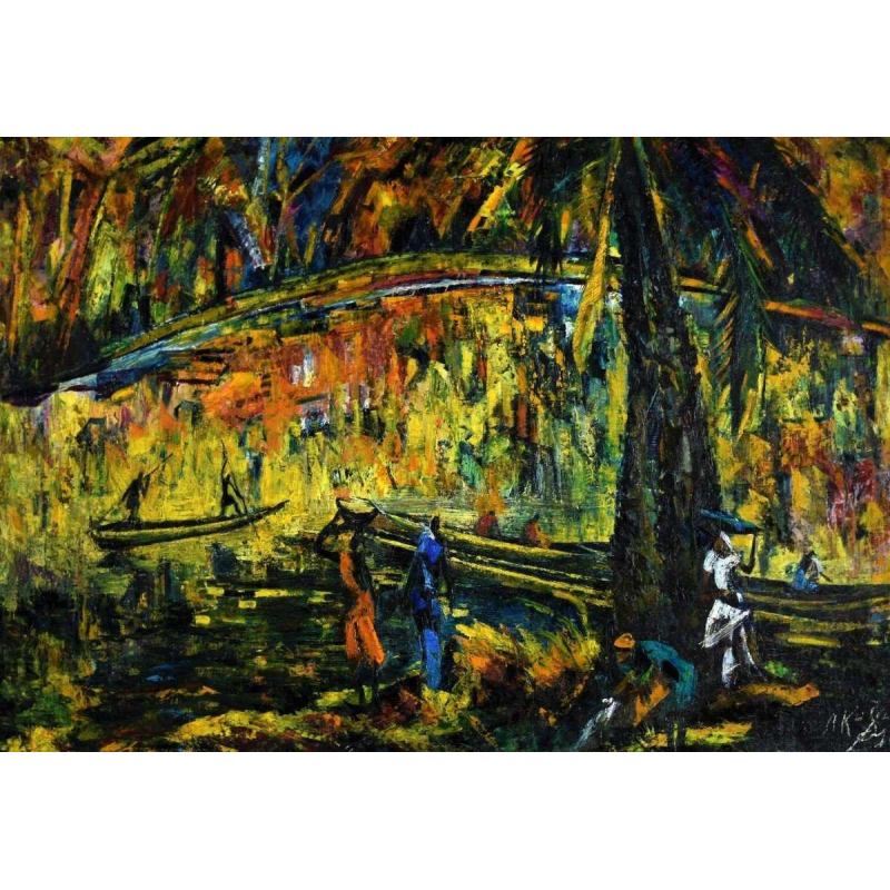 Felelo Nkusu ‘Animated African Landscape’ painting oil on canvas