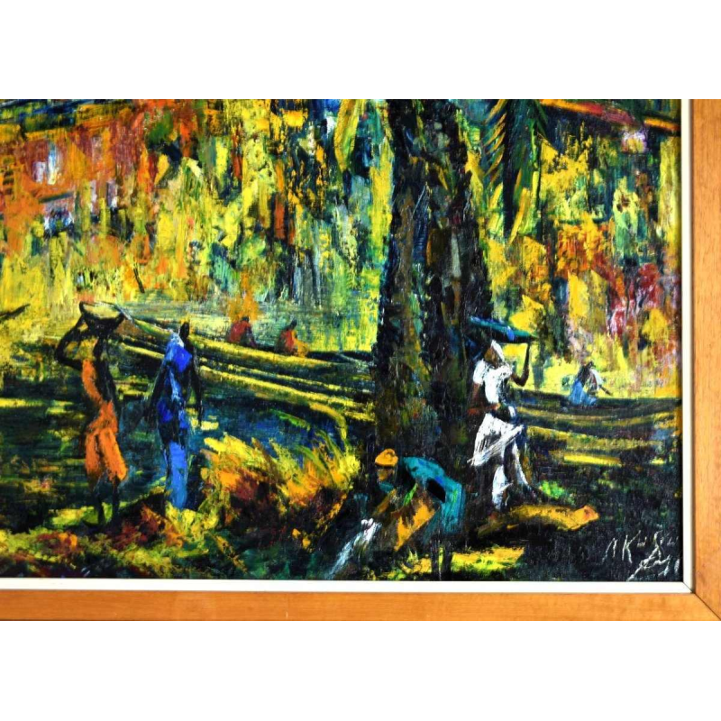 Felelo Nkusu “Levendig Afrikaans landschap” schilderij olieverf op doek