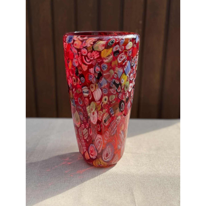 Giulio Radi A.V.E.M Arte Vetraria Muranese, Millefiori rood glazen vaas, ca 1940