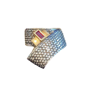Janine Renard, modernist gold and silver ‘Ruban’ ring, emerald-cut ruby