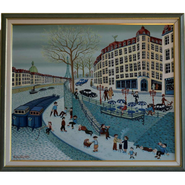 Philippe SEUTIN “Niveaus van de samenleving” acrylschilderij op doek, naïeve kunst 20e eeuw