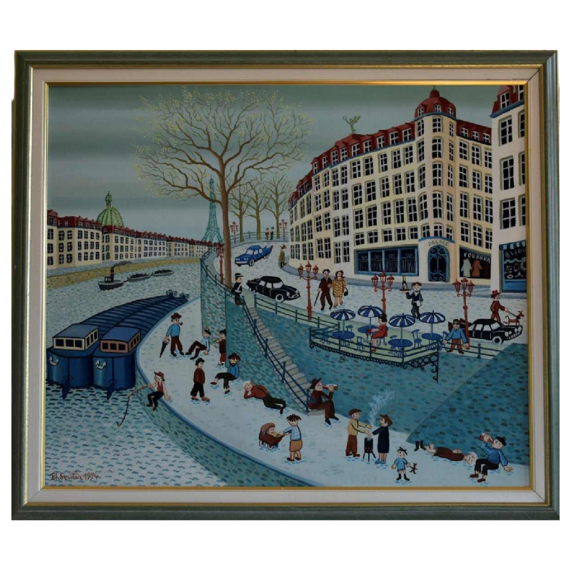 Philippe SEUTIN “Niveaux de société“ tableau acrylique sur toile, Art naïf XXe s