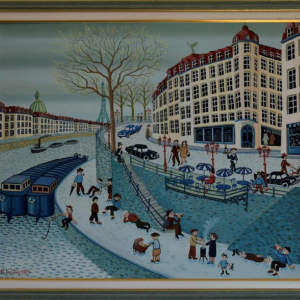 Philippe SEUTIN “Niveaus van de samenleving” acrylschilderij op doek, naïeve kunst 20e eeuw