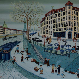 Philippe SEUTIN “Niveaux de société“ tableau acrylique sur toile, Art naïf XXe s