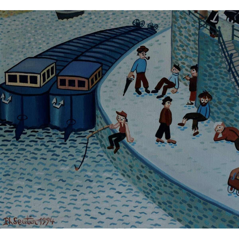 Philippe SEUTIN “Niveaux de société“ tableau acrylique sur toile, Art naïf XXe s