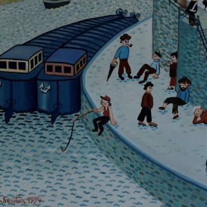 Philippe SEUTIN “Niveaux de société“ tableau acrylique sur toile, Art naïf XXe s