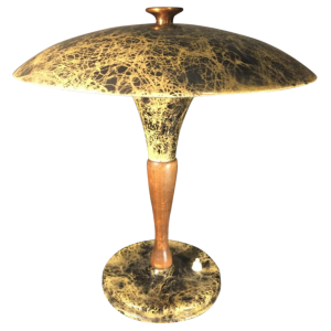 Vintage tafel / bureau lamp, hout en marmer gelakt metaal, circa 1950