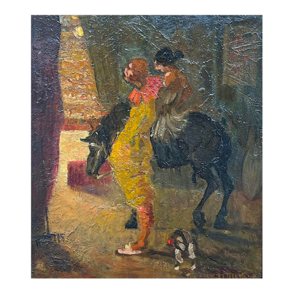 Ecole espagnole "L'entrée au cirque" tableau signé, huile sur panneau, ca 1900