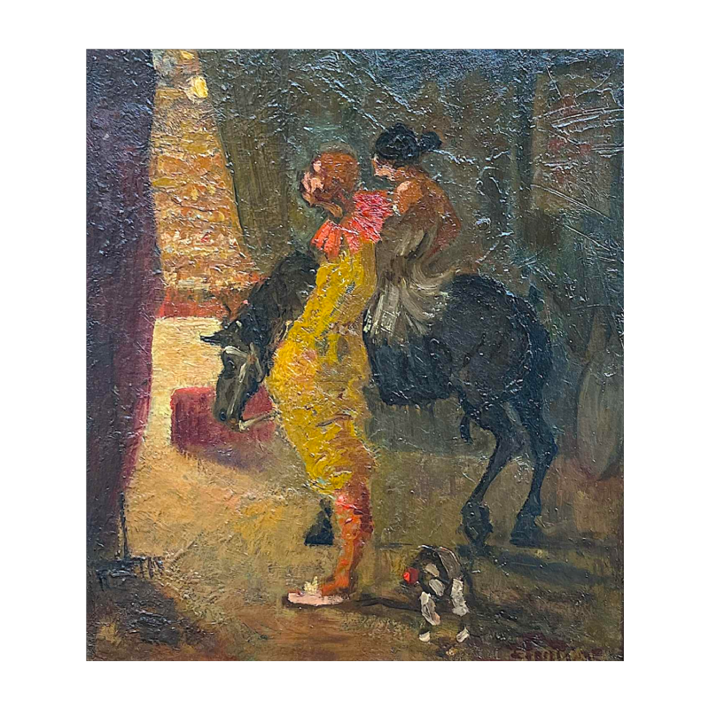 Spaanse school De ingang van het circus gesigneerd schilderij, olieverf paneel