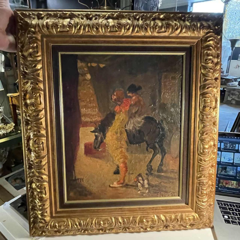 Spanish school The entrance to the circus signed painting, oil on panel 1900s