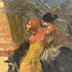 Spanish school The entrance to the circus signed painting, oil on panel 1900s