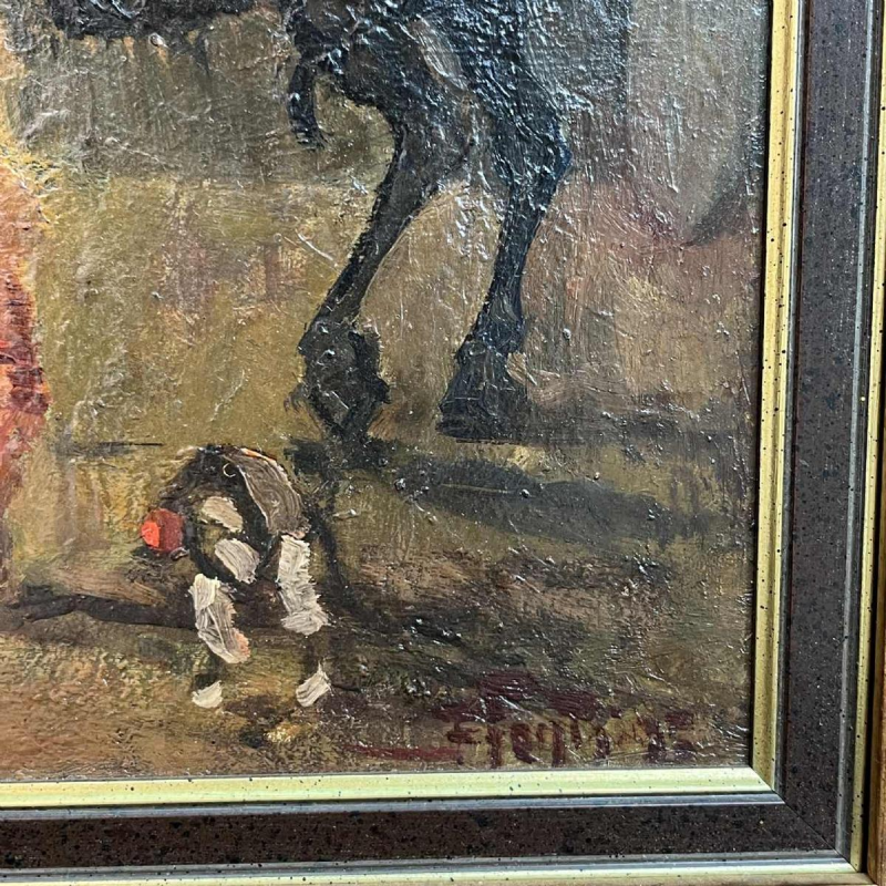 Spaanse school De ingang van het circus gesigneerd schilderij, olieverf paneel