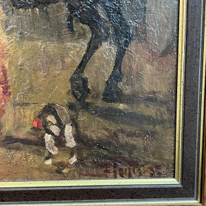 Ecole espagnole "L'entrée au cirque" tableau signé, huile sur panneau, ca 1900