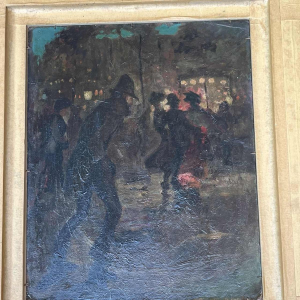 Spaanse school De ingang van het circus gesigneerd schilderij, olieverf paneel