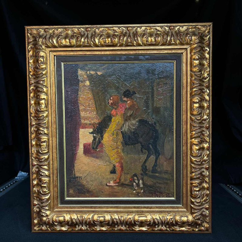 Ecole espagnole "L'entrée au cirque" tableau signé, huile sur panneau, ca 1900