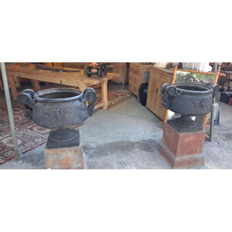 Pair of ‘Chambord’ cast iron basins, floral motifs and scroll handles, 19th century
