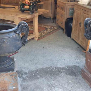 Pair of ‘Chambord’ cast iron basins, floral motifs and scroll handles, 19th century