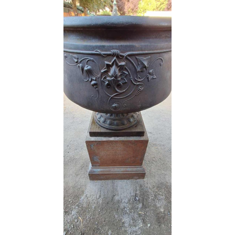 Paire de vasques “Chambord“ en fonte, motifs floraux et anses volutes, XIXe s