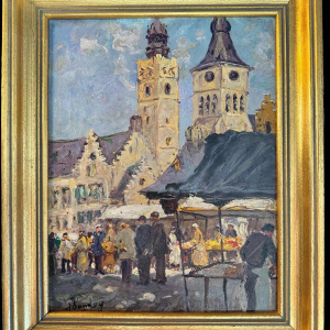 Albert DANDOY (1885-1977): 'Diksmude - Markt' schilderij olieverf op doek