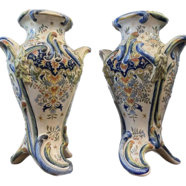 Paire de grands vases céramique faience de Desvres par Jules Verlingue, ca 1900 Art Nouveau