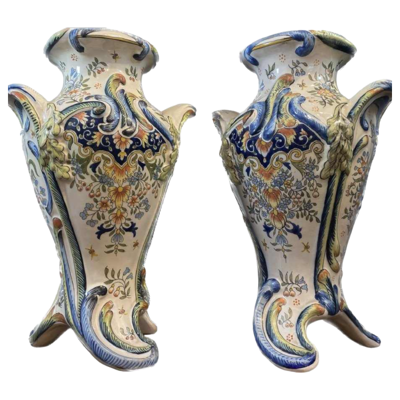 Pair of large earthenware vases from Desvres by Jules Verlingue, ca 1900 Art Nouveau