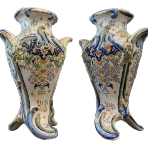 Pair of large earthenware vases from Desvres by Jules Verlingue, ca 1900 Art Nouveau