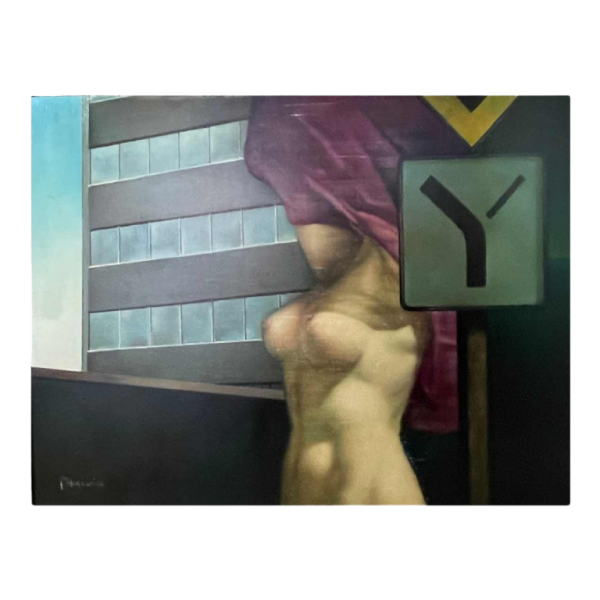 MACKOWIAK ERWIN "Nu au panneau de signalisation" tableau Pop'Art belge, peintre huile sur toile, ca 1975