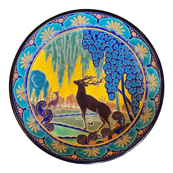 EMAUX LONGWY, Plat Art Déco au Cerf Céramique Faïence Emaille´ Cloisonne´ 1930