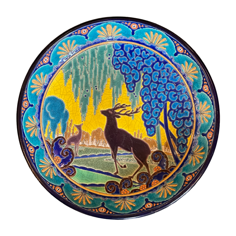 EMAUX LONGWY, Plat Art Déco au Cerf Céramique Faïence Emaille´ Cloisonne´ 1930