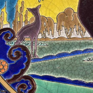 EMAUX LONGWY, Plat Art Déco au Cerf Céramique Faïence Emaille´ Cloisonne´ 1930