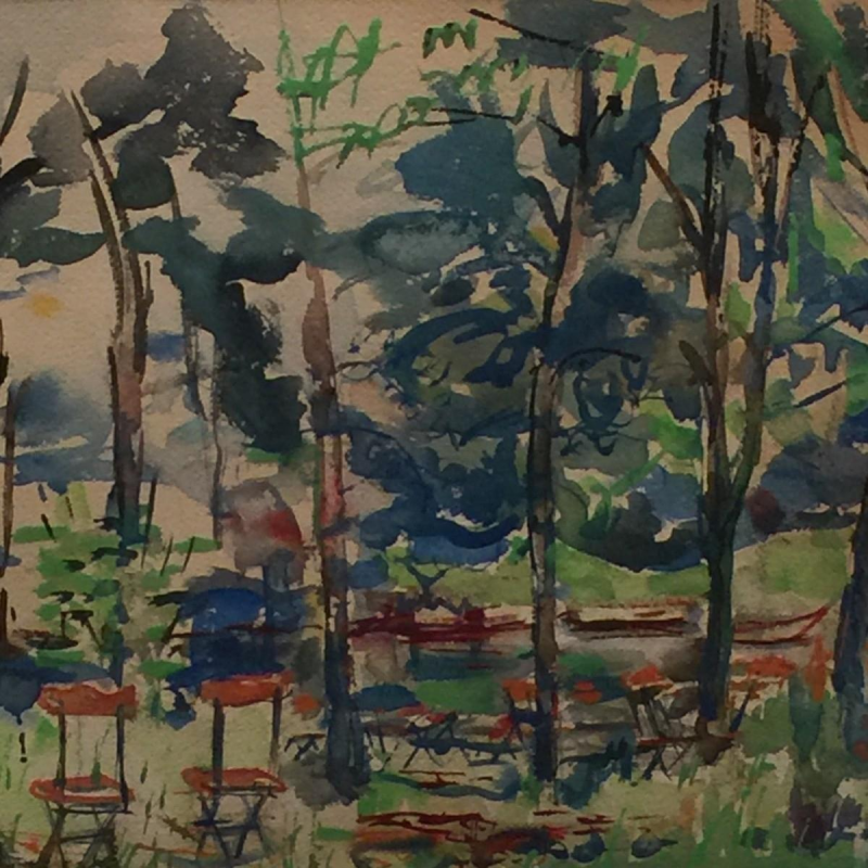 Flory Roland (1905 - 1978), gouache sur papier "terrasse en sous-bois"
