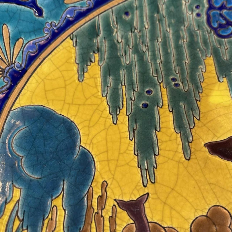 EMAUX LONGWY, Plat Art Déco au Cerf Céramique Faïence Emaille´ Cloisonne´ 1930