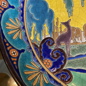 EMAUX LONGWY, Plat Art Déco au Cerf Céramique Faïence Emaille´ Cloisonne´ 1930