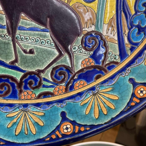 EMAUX DE LONGWY, Art Deco Ceramic Disch, Animal Decor Stag, ca 1930