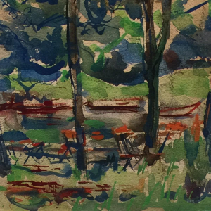 Flory Roland (1905 - 1978), gouache op papier "terras in het kreupelhout"