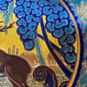 EMAUX DE LONGWY, Art Deco Ceramic Disch, Animal Decor Stag, ca 1930