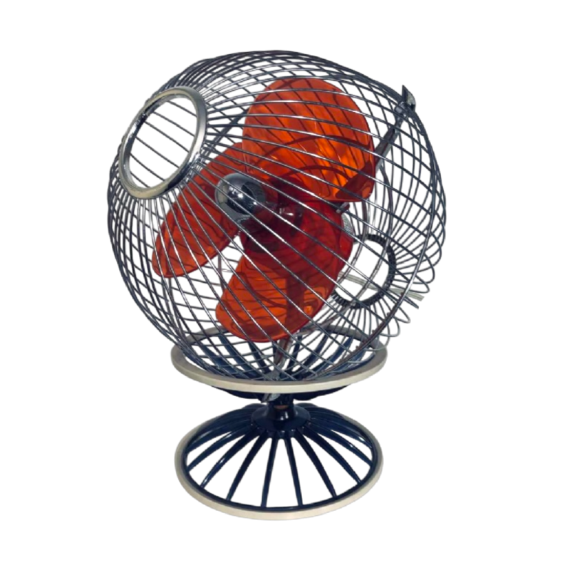 Hitachi B-45 ventilator, verchroomde stalen bolvormige structuur, rode polycarbonaat bladen, Japan jaren 70
