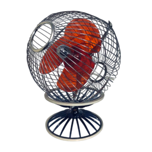 Hitachi B-45 fan, chrome-plated steel spherical structure, red polycarbonate blades, Japan 1970s