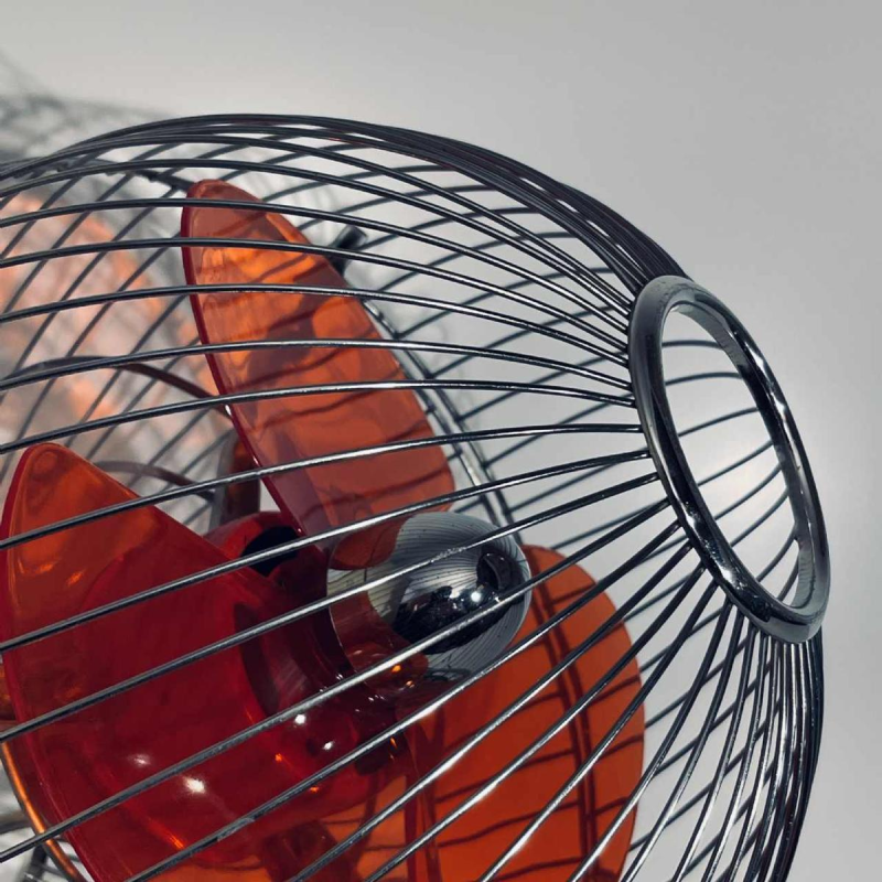 Hitachi B-45 ventilator, verchroomde stalen bolvormige structuur, rode polycarbonaat bladen, Japan jaren 70