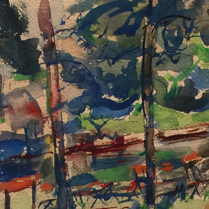 Flory Roland (1905 - 1978), gouache sur papier "terrasse en sous-bois"