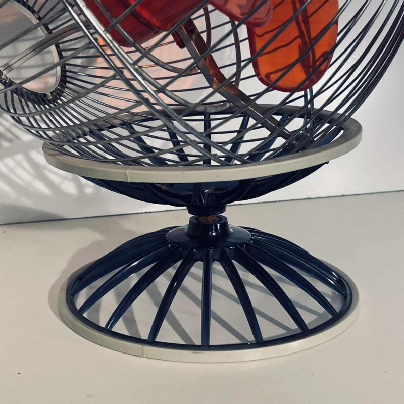 Hitachi B-45 fan, chromed steel spherical structure, red polycarbonate blades, Japan 1970s