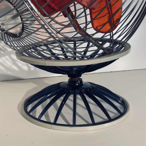 Hitachi B-45 fan, chrome-plated steel spherical structure, red polycarbonate blades, Japan 1970s