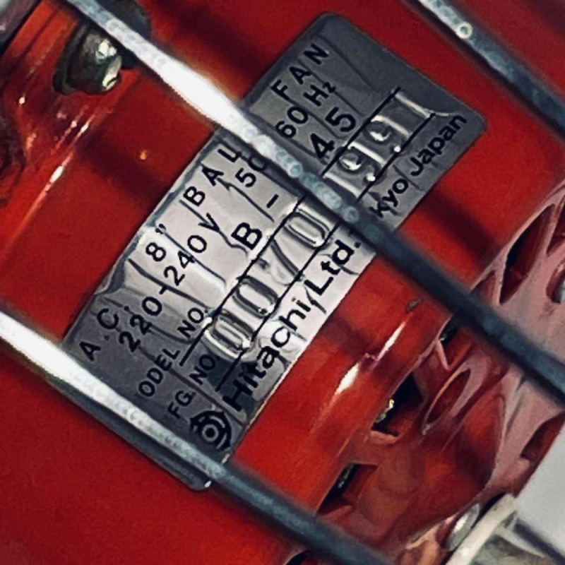 Hitachi B-45 fan, chromed steel spherical structure, red polycarbonate blades, Japan 1970s