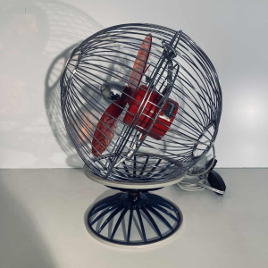 Hitachi B-45 fan, chrome-plated steel spherical structure, red polycarbonate blades, Japan 1970s