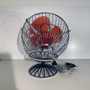 Hitachi B-45 fan, chromed steel spherical structure, red polycarbonate blades, Japan 1970s