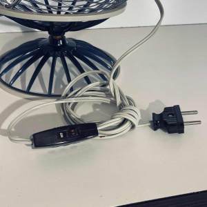 Hitachi B-45 fan, chrome-plated steel spherical structure, red polycarbonate blades, Japan 1970s