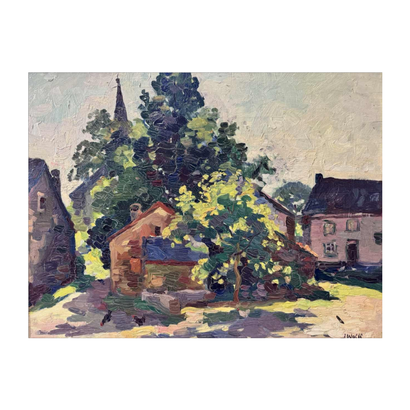 José WOLFF « Village près de Liège » peinture impressionniste huile sur panneau, XXe s