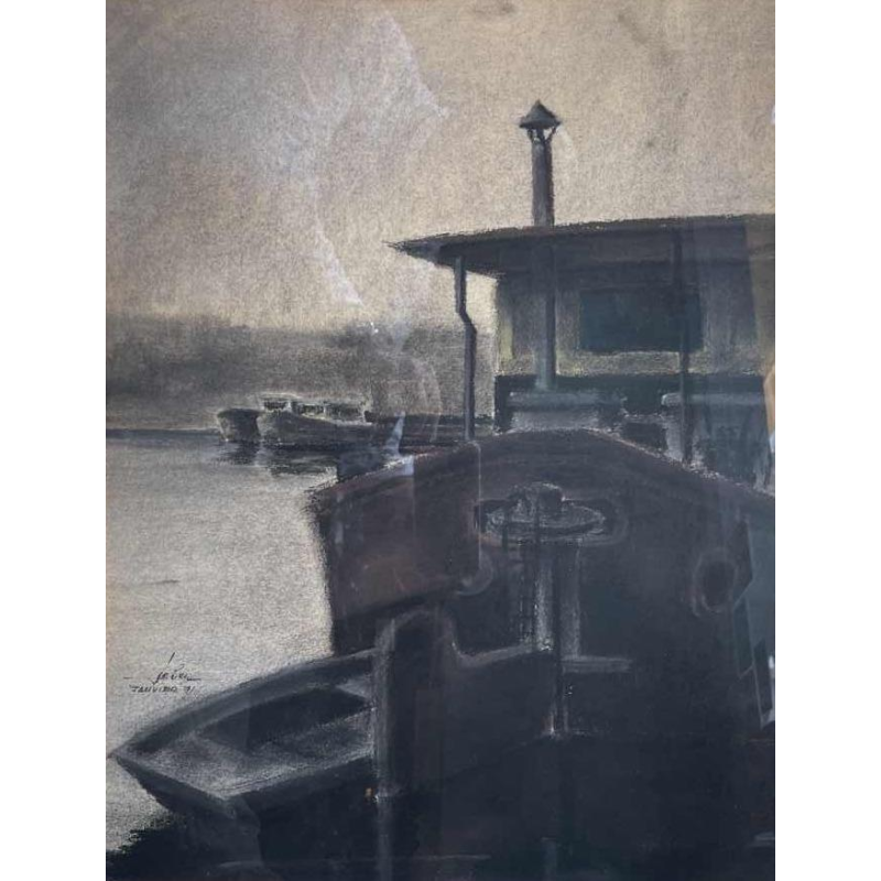 Roger SCHEP ( -2007) «  péniche sur la Meuse » janvier 1971 fusain