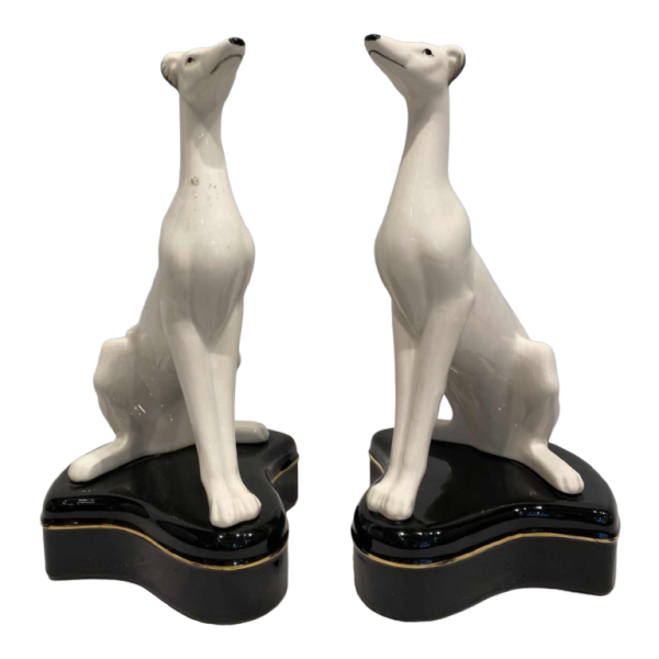 Fitz & Floyd, pair of porcelain greyhound dogs sculptures, ca 1960