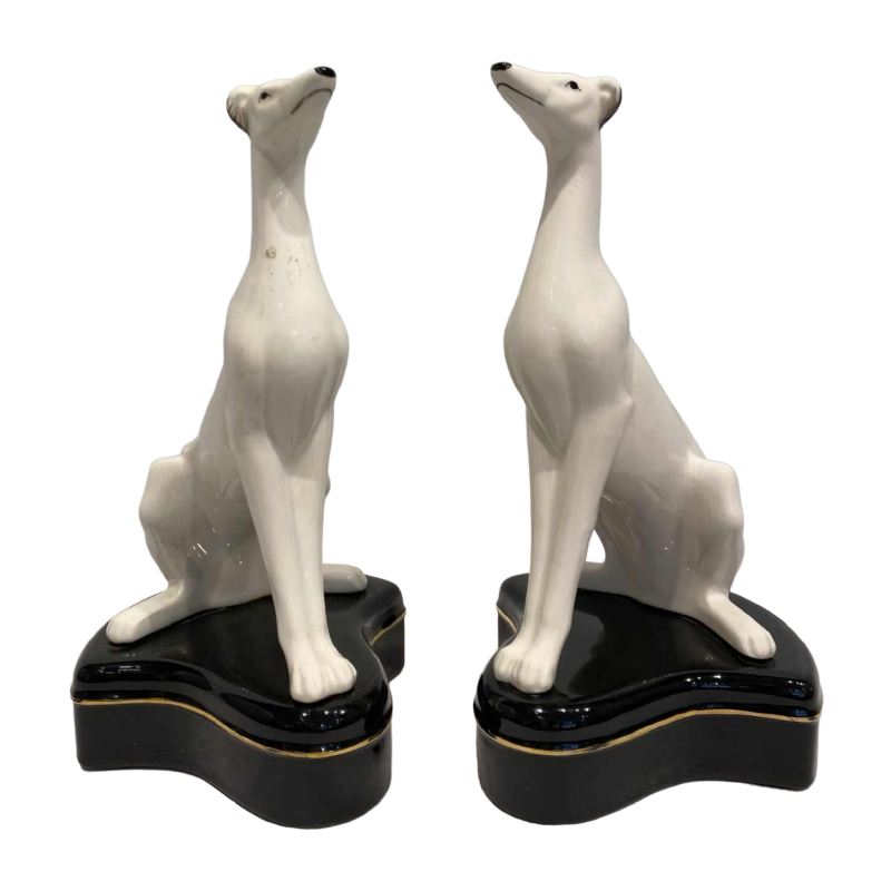 Fitz & Floyd, paire de sculptures de chiens lévriers en porcelaine, ca 1960